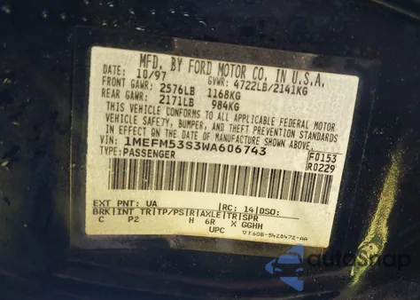 1998 Mercury Sable Ls из США, поврежденный, VIN 1MEFM53S3WA606743